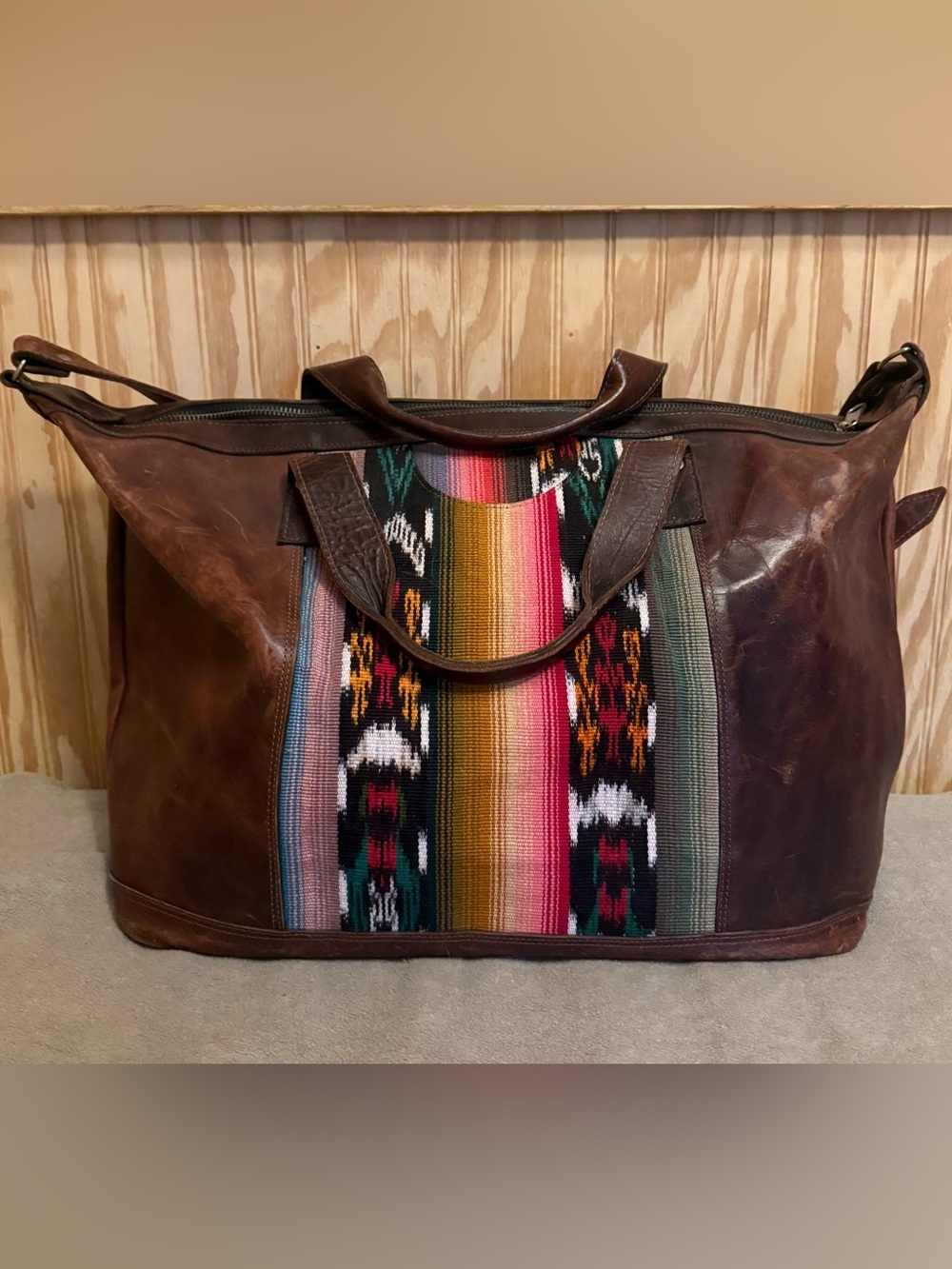 Nena & Co x Rocky Barnes Aztec Print Brown Leather Weekender Bag